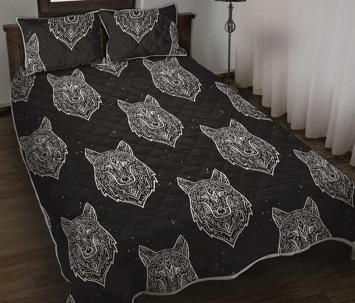 Native Tribal Wolf Pattern Print Quilt Bed Set