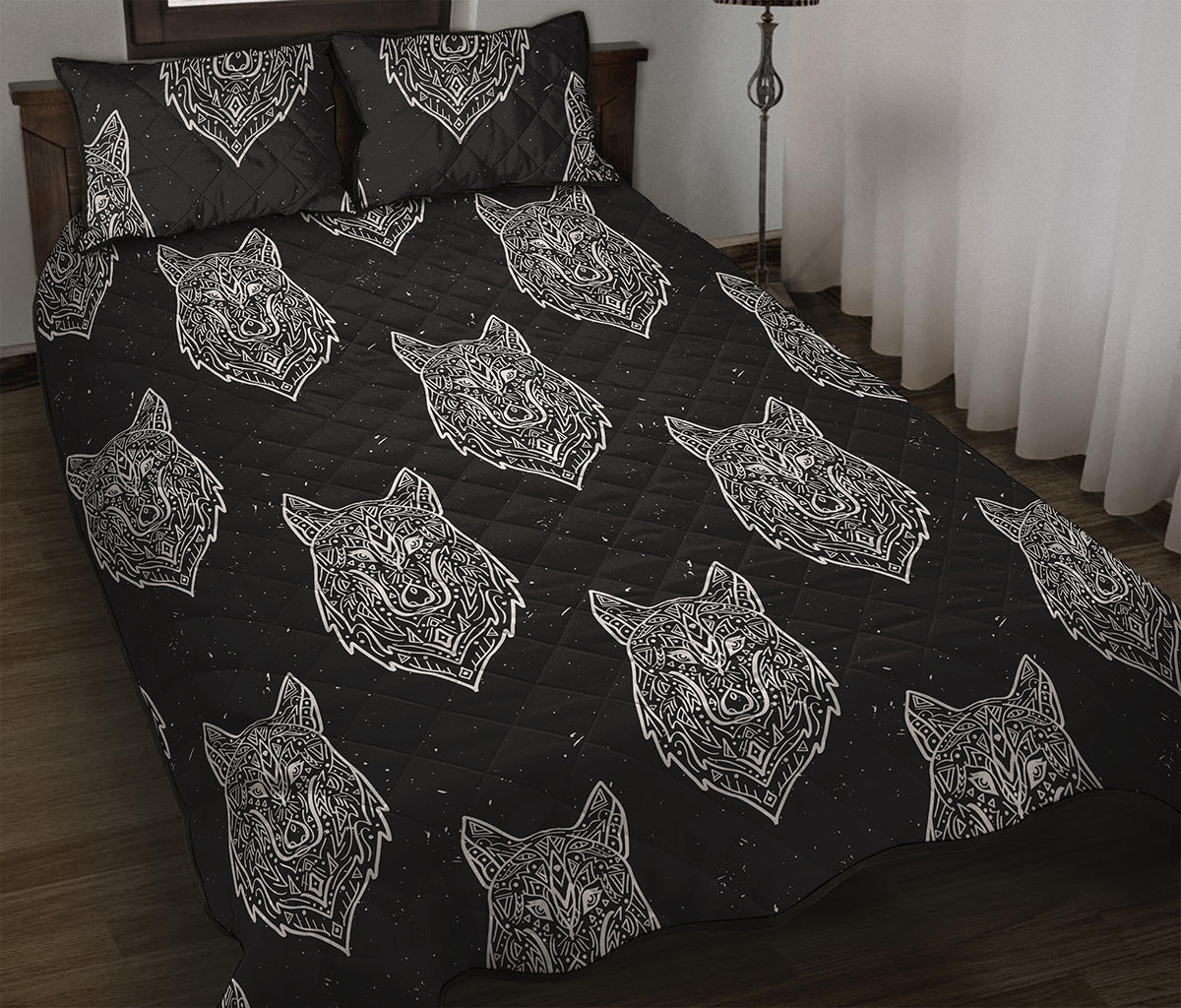 Native Tribal Wolf Pattern Print Quilt Bed Set