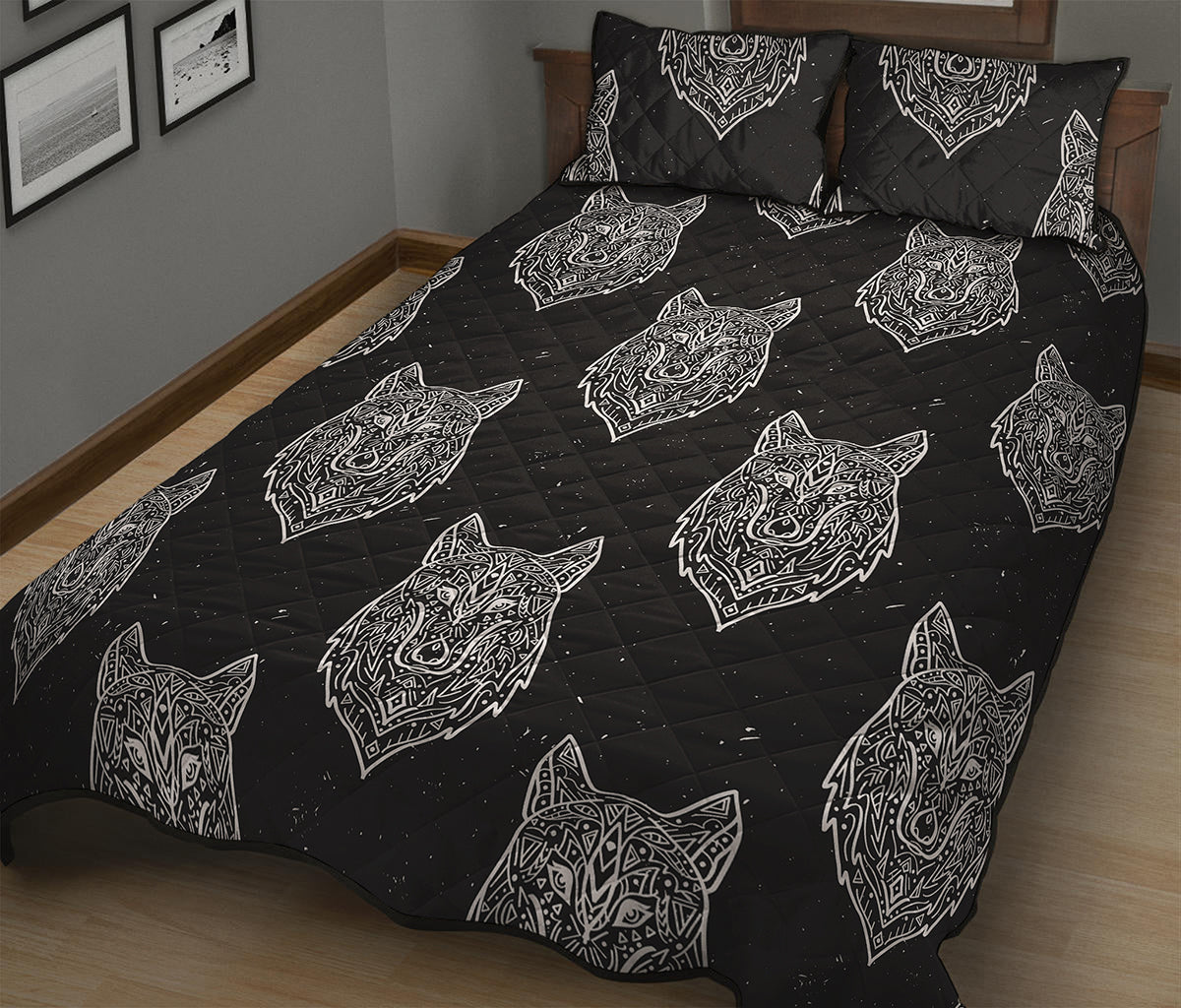 Native Tribal Wolf Pattern Print Quilt Bed Set