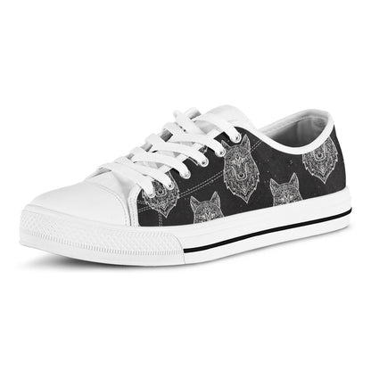 Native Tribal Wolf Pattern Print White Low Top Shoes