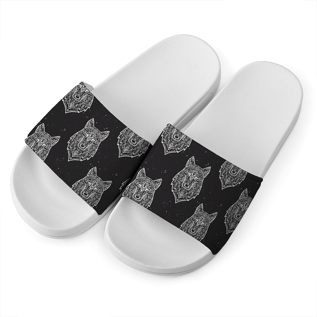 Native Tribal Wolf Pattern Print White Slide Sandals