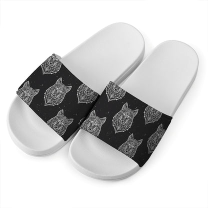 Native Tribal Wolf Pattern Print White Slide Sandals