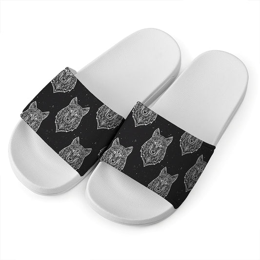 Native Tribal Wolf Pattern Print White Slide Sandals