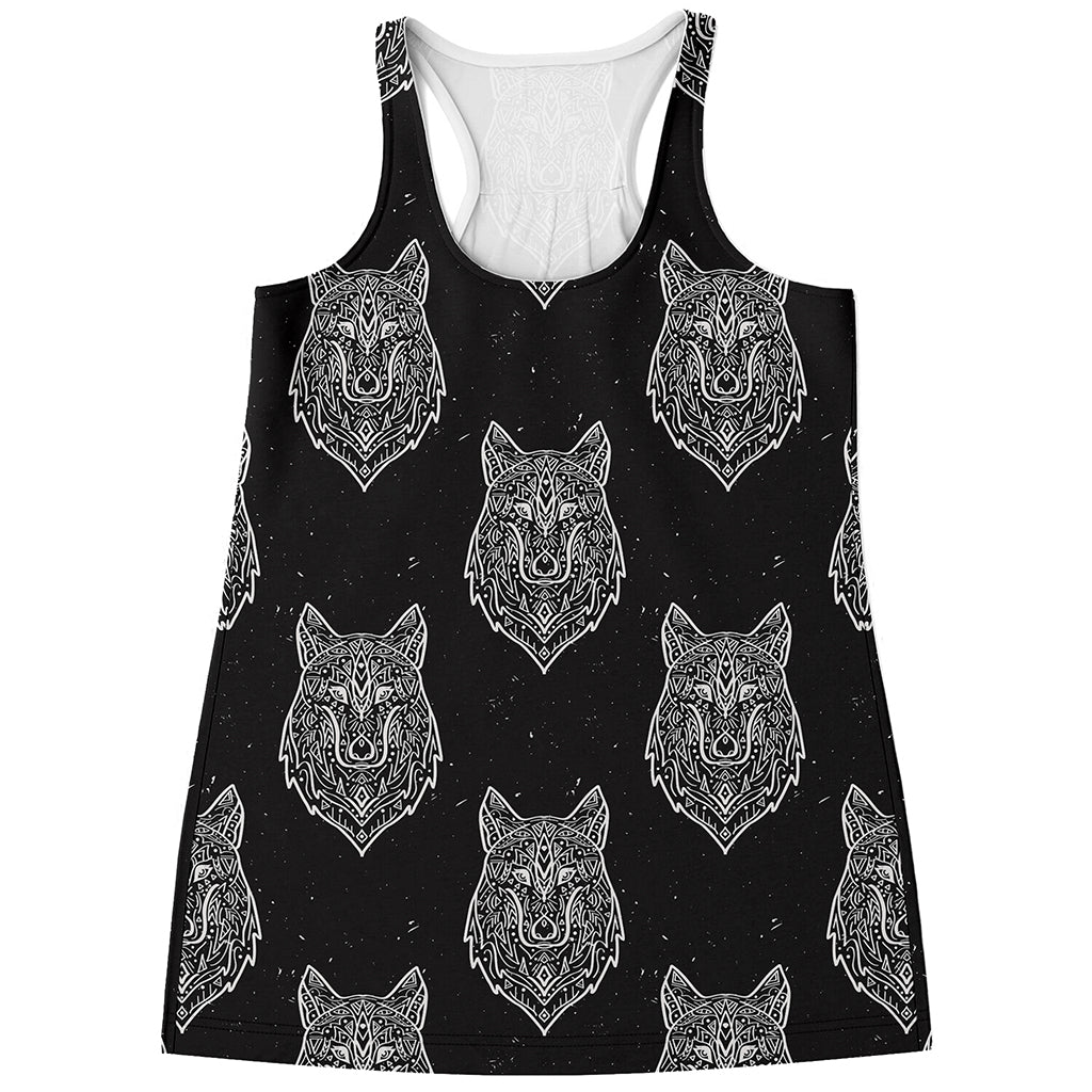 Native Tribal Wolf Pattern Print Women's Racerback Tank Top