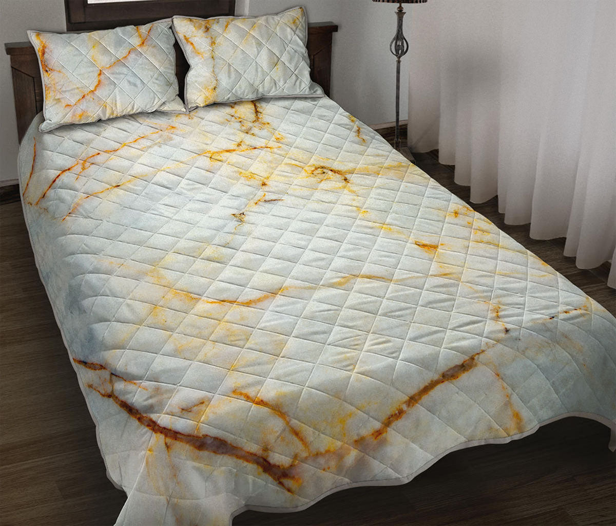 Natural Gold Marble Print Quilt Bed Set