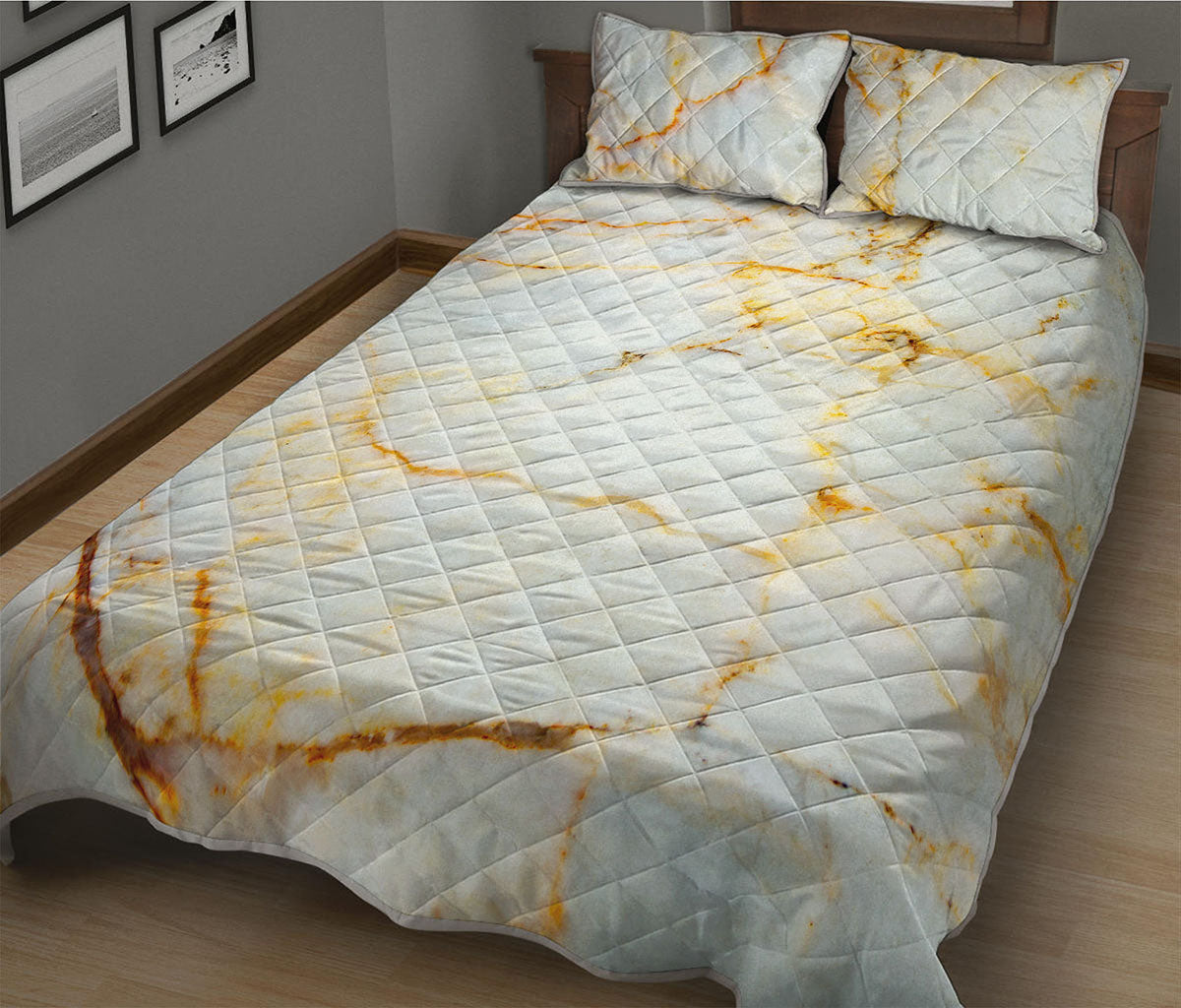 Natural Gold Marble Print Quilt Bed Set
