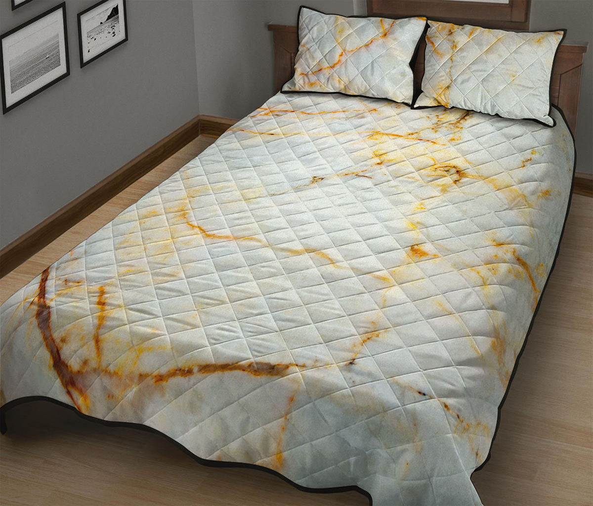 Natural Gold Marble Print Quilt Bed Set