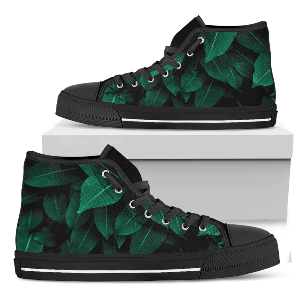 Natural Green Leaf Print Black High Top Shoes