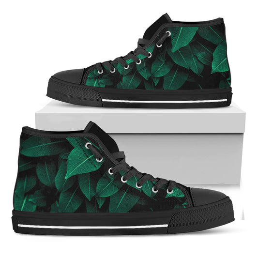 Natural Green Leaf Print Black High Top Shoes