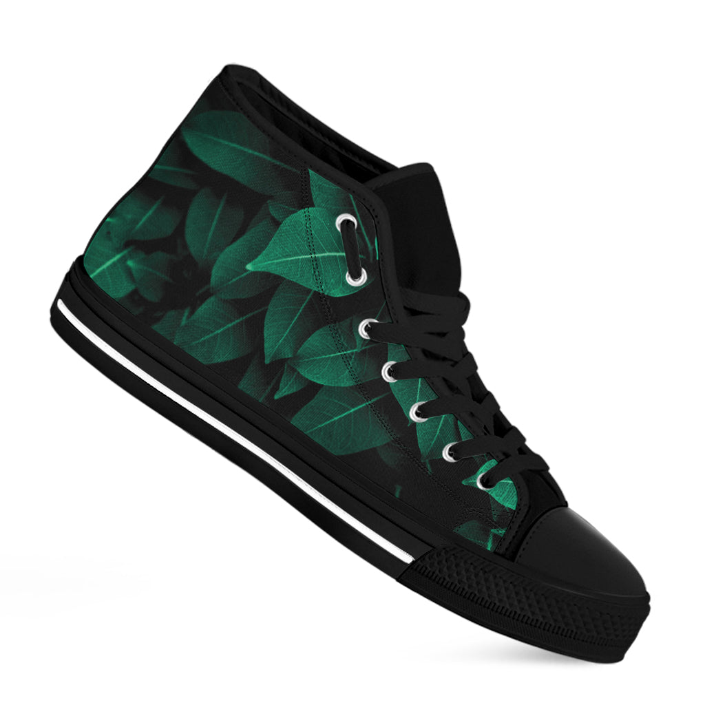 Natural Green Leaf Print Black High Top Shoes