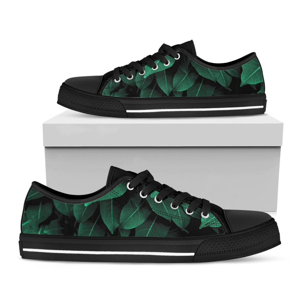 Natural Green Leaf Print Black Low Top Shoes