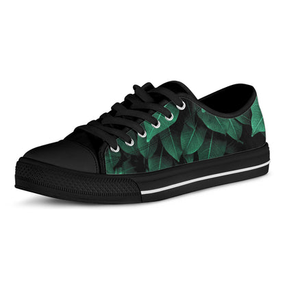 Natural Green Leaf Print Black Low Top Shoes