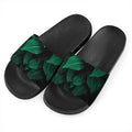 Natural Green Leaf Print Black Slide Sandals