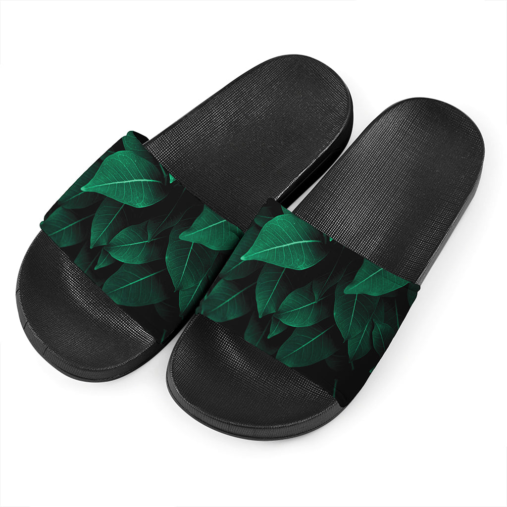 Natural Green Leaf Print Black Slide Sandals