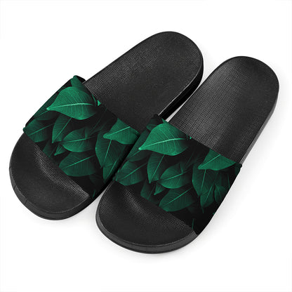 Natural Green Leaf Print Black Slide Sandals