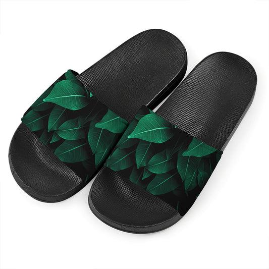 Natural Green Leaf Print Black Slide Sandals