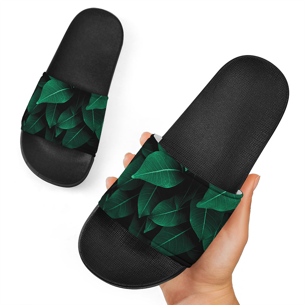 Natural Green Leaf Print Black Slide Sandals