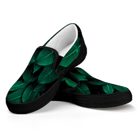 Natural Green Leaf Print Black Slip On Shoes