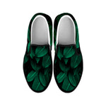 Natural Green Leaf Print Black Slip On Shoes