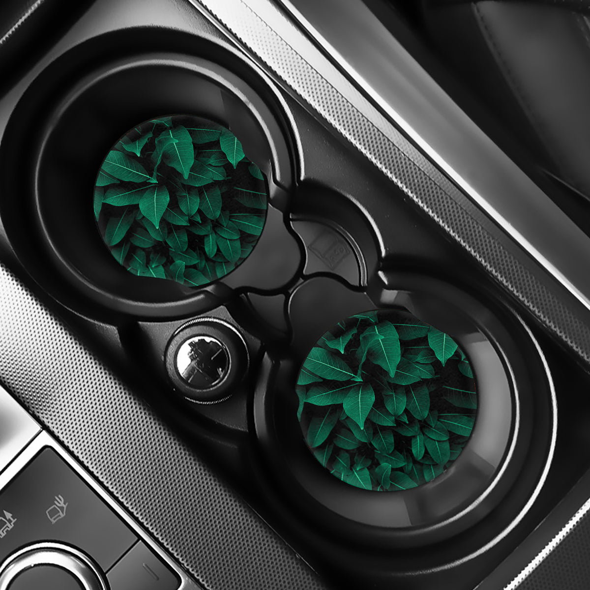 Natural Green Leaf Print Car Coasters