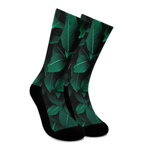 Natural Green Leaf Print Crew Socks