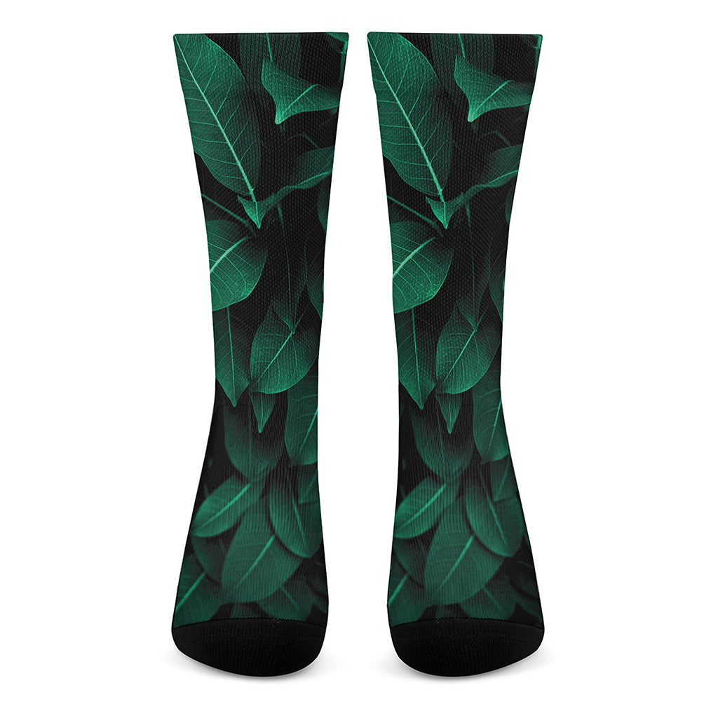 Natural Green Leaf Print Crew Socks