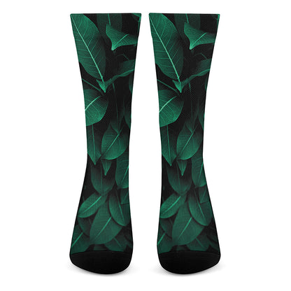 Natural Green Leaf Print Crew Socks
