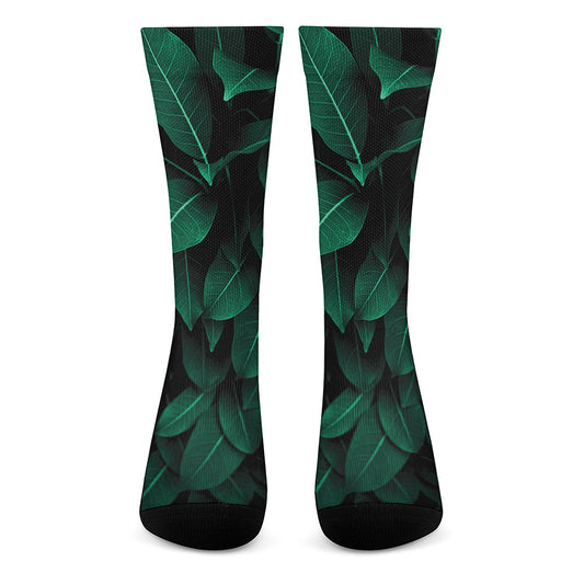 Natural Green Leaf Print Crew Socks