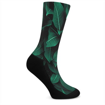 Natural Green Leaf Print Crew Socks