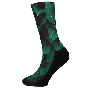 Natural Green Leaf Print Crew Socks