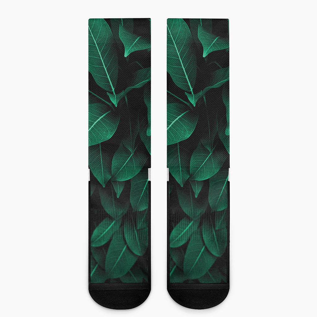 Natural Green Leaf Print Crew Socks