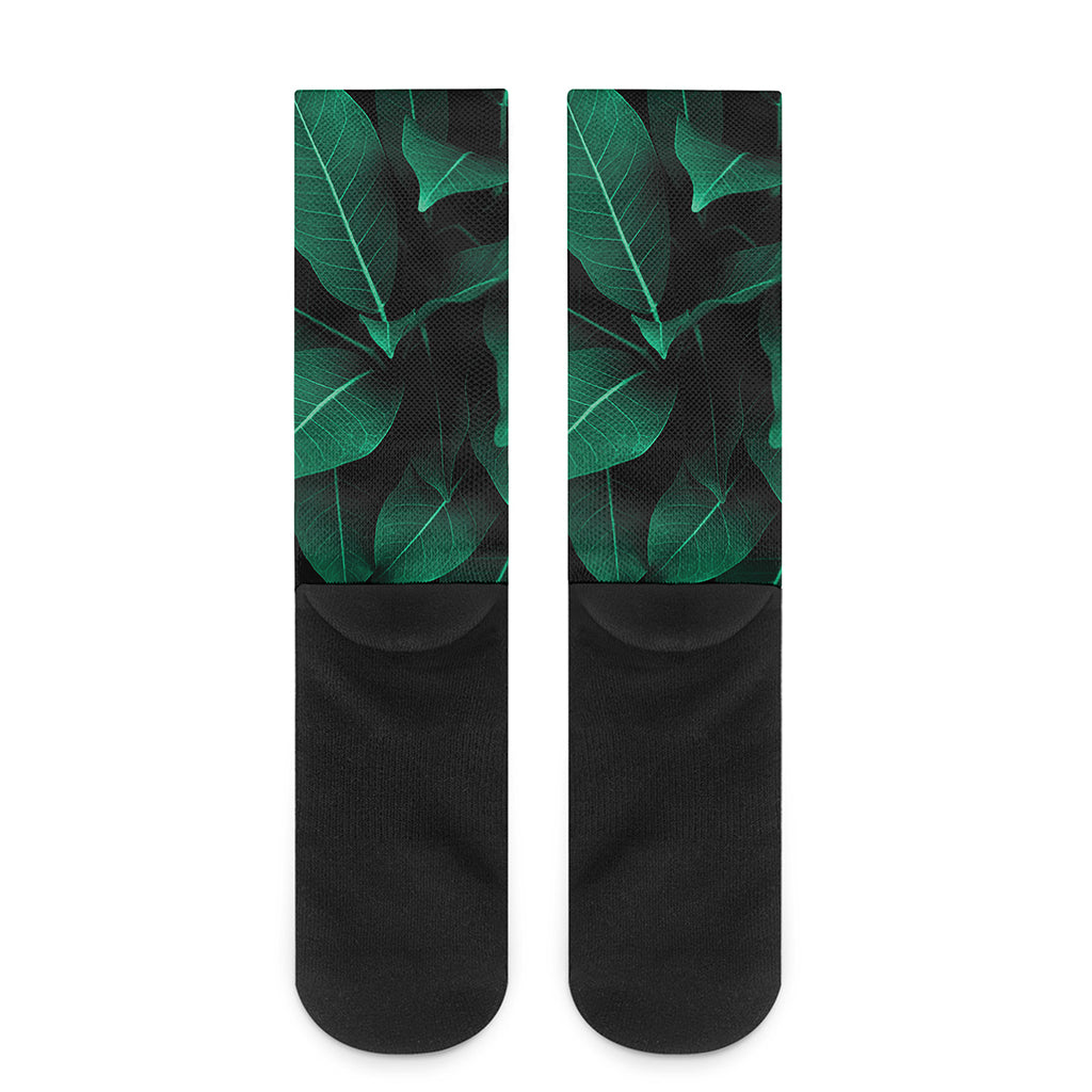 Natural Green Leaf Print Crew Socks