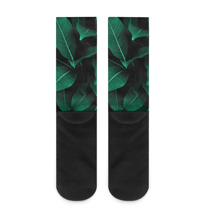 Natural Green Leaf Print Crew Socks