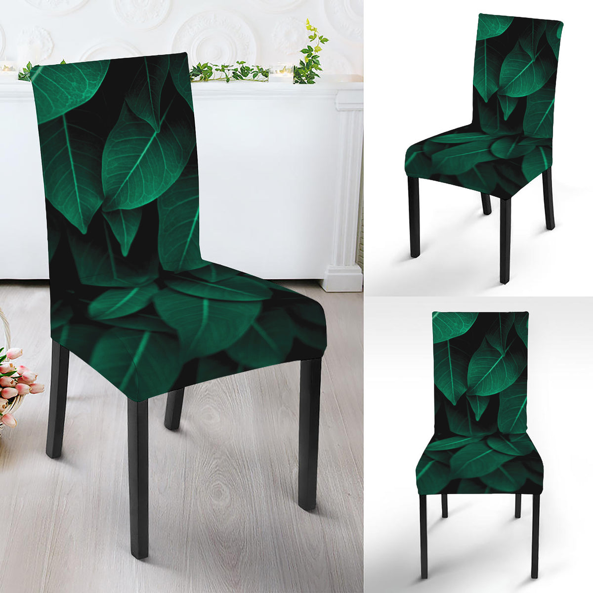 Natural Green Leaf Print Dining Chair Slipcover