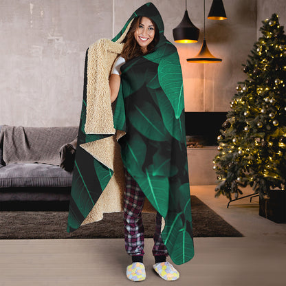 Natural Green Leaf Print Hooded Blanket