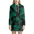 Natural Green Leaf Print Pullover Hoodie Dress