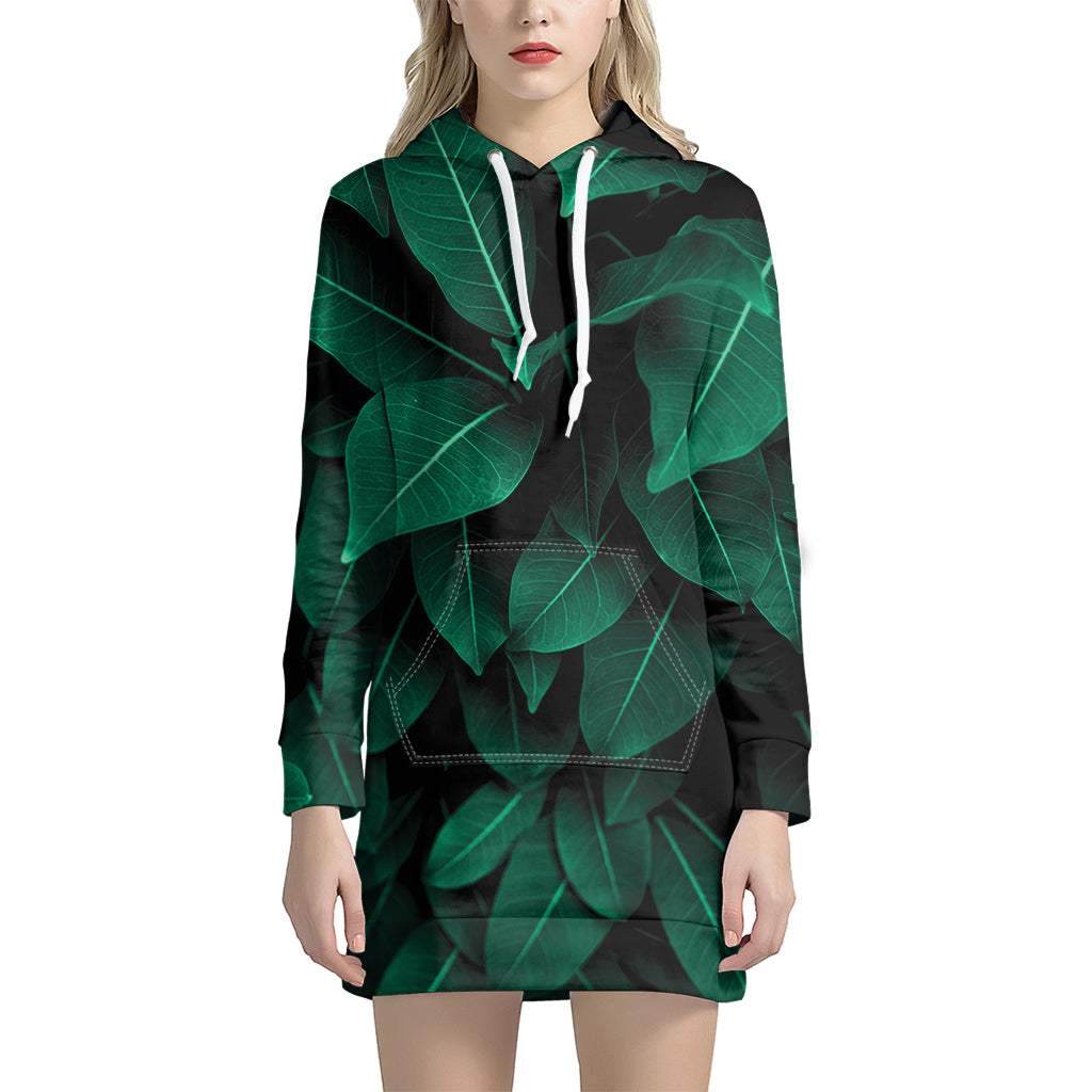 Natural Green Leaf Print Hoodie Dress