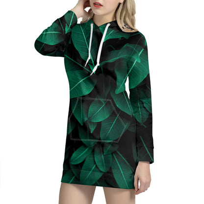 Natural Green Leaf Print Hoodie Dress