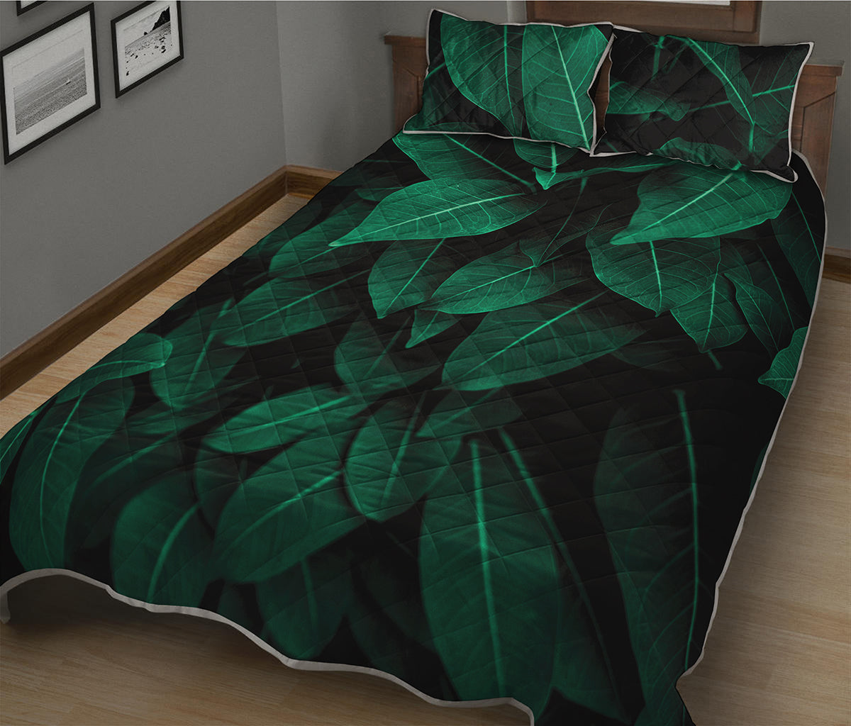 Natural Green Leaf Print Quilt Bed Set