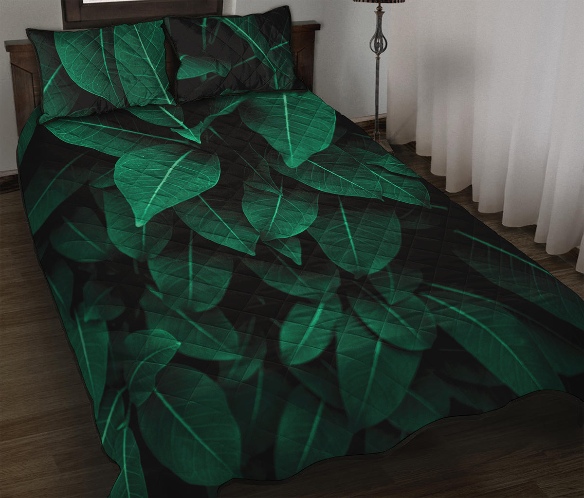 Natural Green Leaf Print Quilt Bed Set