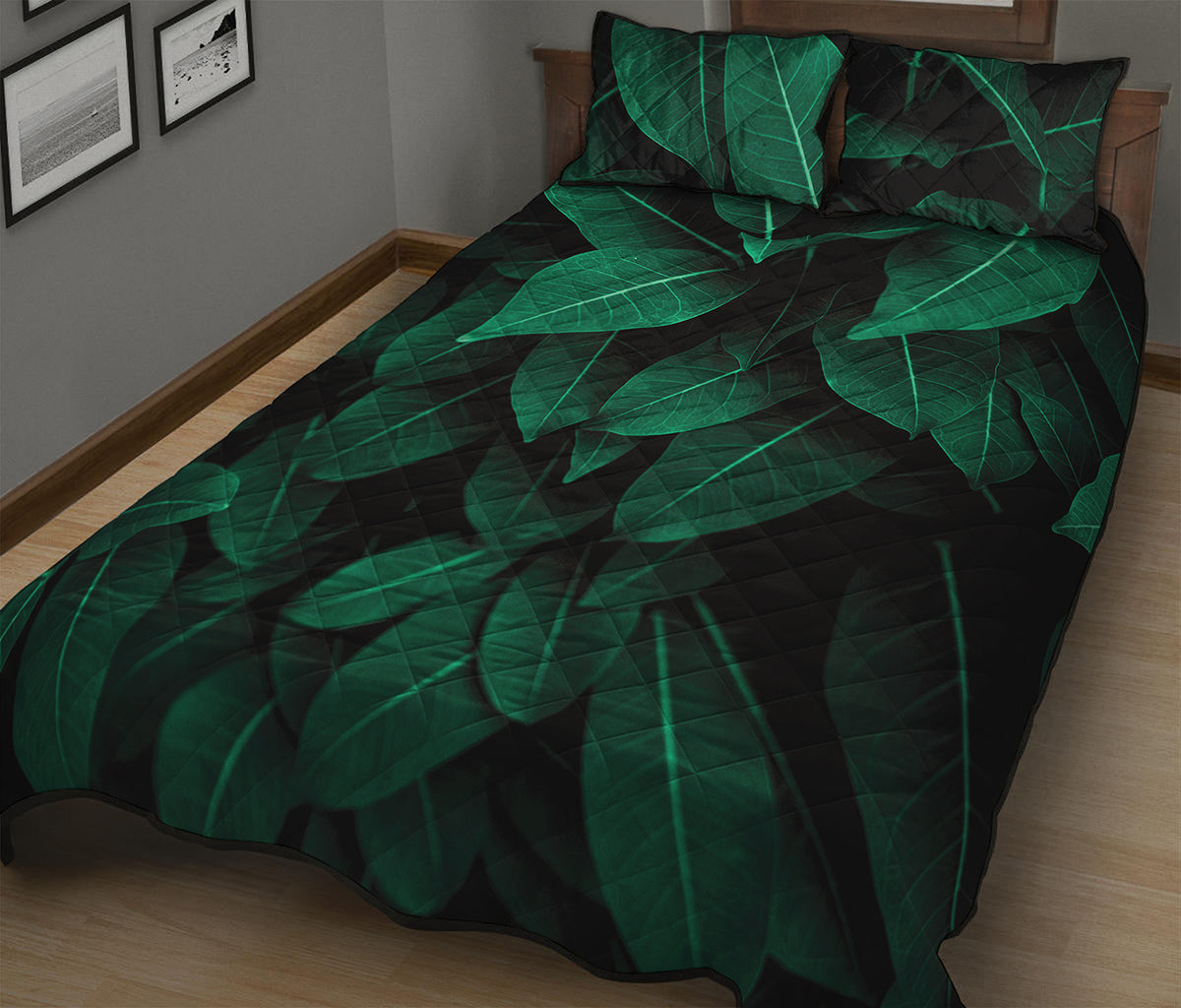 Natural Green Leaf Print Quilt Bed Set