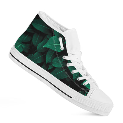 Natural Green Leaf Print White High Top Shoes