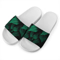 Natural Green Leaf Print White Slide Sandals