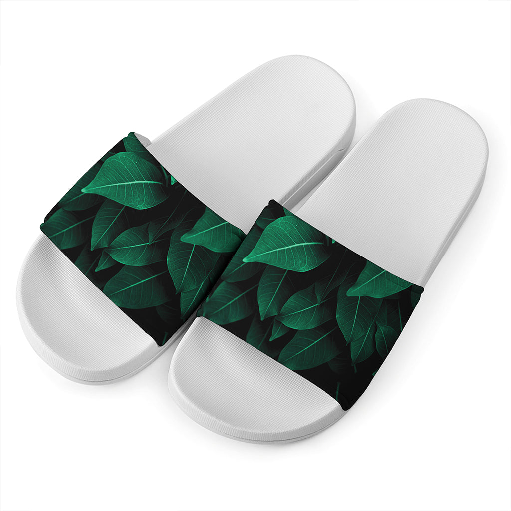 Natural Green Leaf Print White Slide Sandals