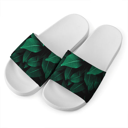 Natural Green Leaf Print White Slide Sandals