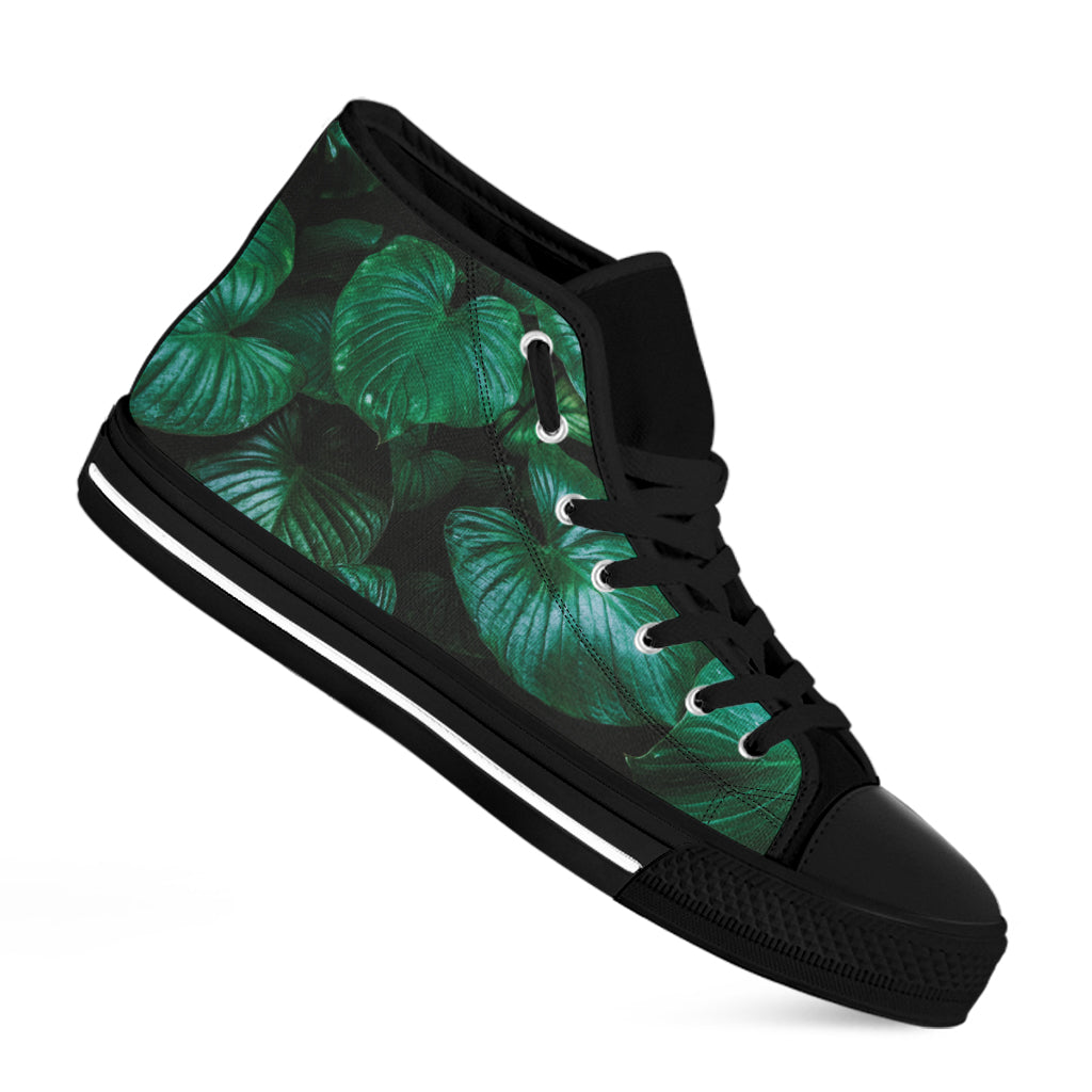 Natural Tropical Leaf Print Black High Top Shoes