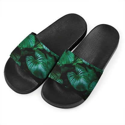 Natural Tropical Leaf Print Black Slide Sandals