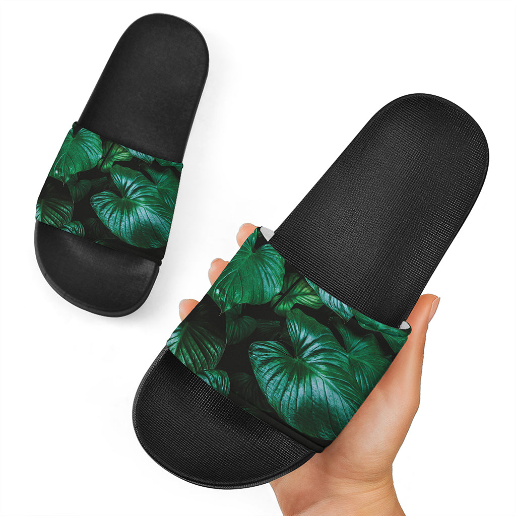 Natural Tropical Leaf Print Black Slide Sandals