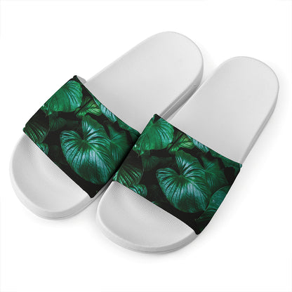 Natural Tropical Leaf Print White Slide Sandals
