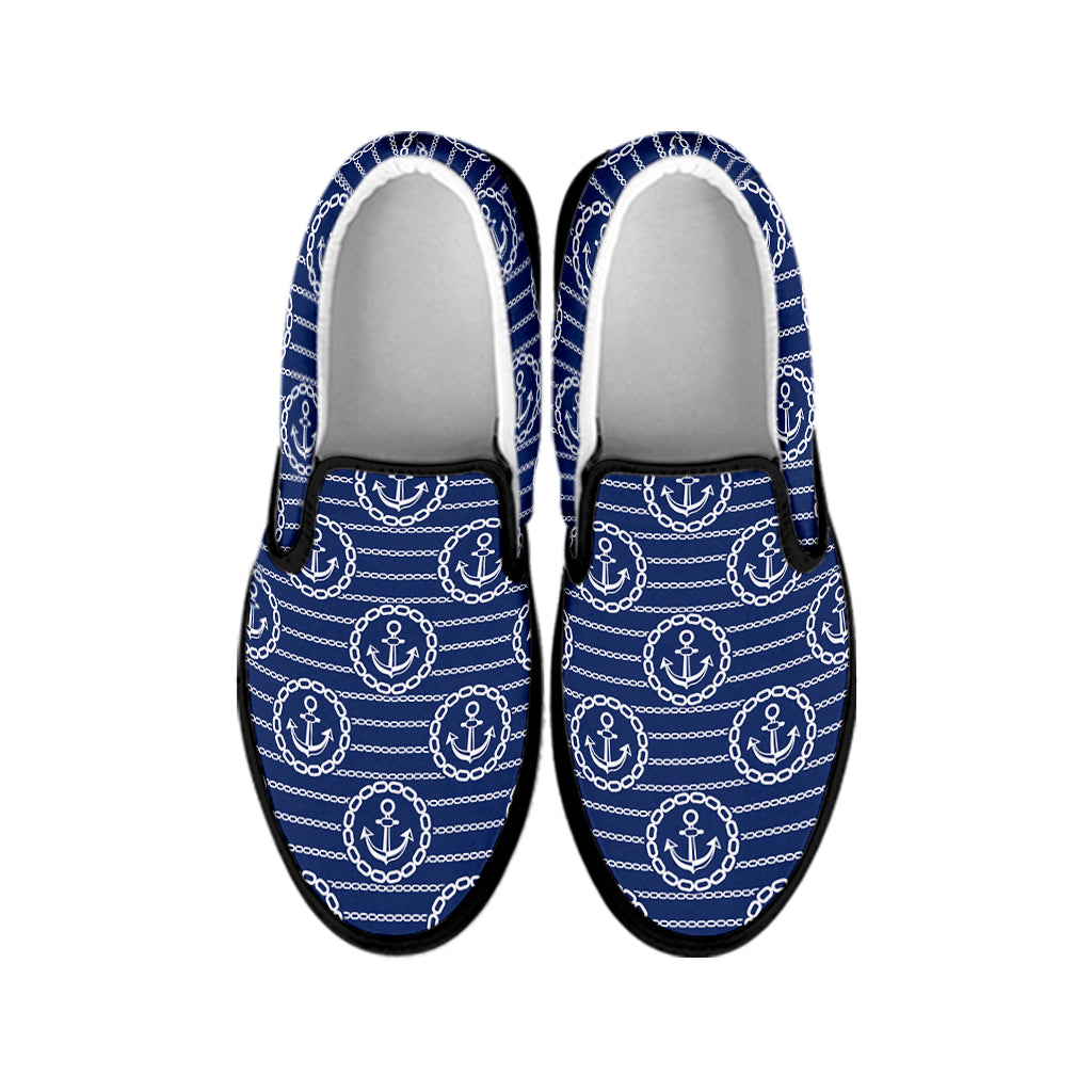 Nautical Anchor Pattern Print Black Slip On Shoes